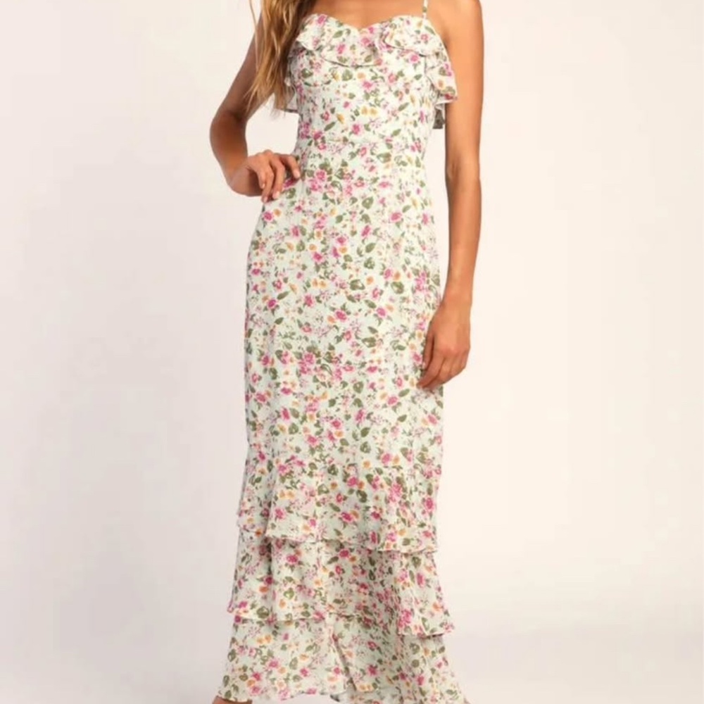 Mint Floral Print Ruffled Maxi Dress